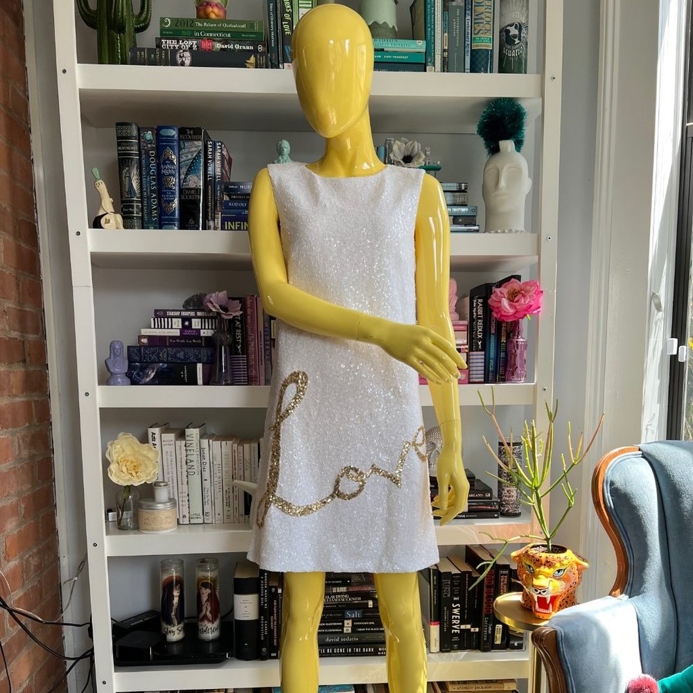 THEIA Sequined white and gold LOVE dress. Size 8, tailored down to a loose 6.